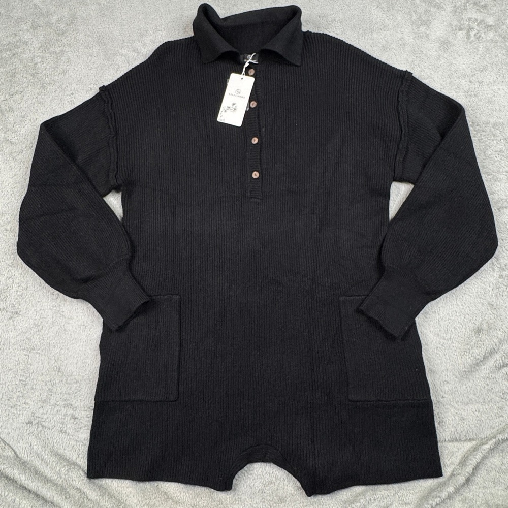 NWT LILLUSORY Womens Black Ribbed Knit Long Sleeve Polo Romper LS099-045 Small